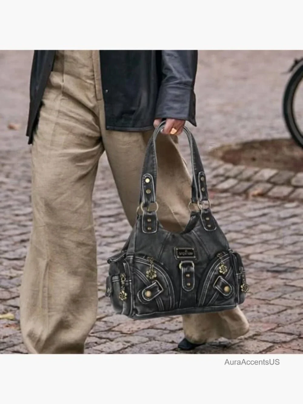 Small Hobo Shoulder Bag Vegan Leather Multi-Pocket Tote with Zipper